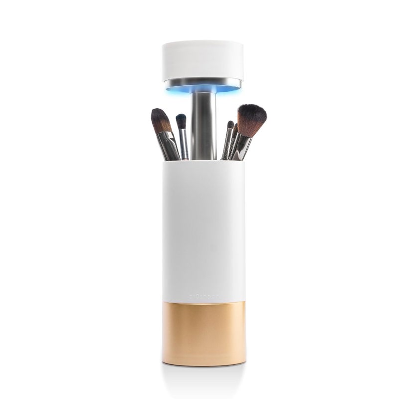 Brushean UVC Sanitizer with Ozone, Makeup Brush Holder, One Touch for Open, Dustproof Make Up Supplies Organized Storage, Stylish and Durable Design (Standard, White/Rose Gold) - Image 1